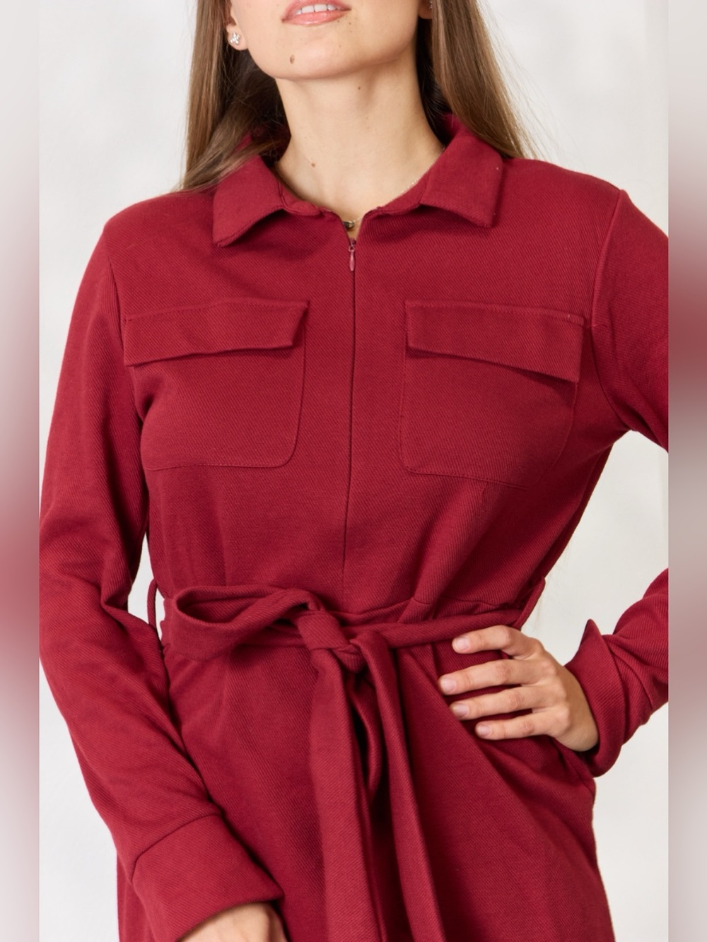 Culture Code Full Size Tie Front Half Zip Long Sleeve Shirt Dress - Picture 12 of 15